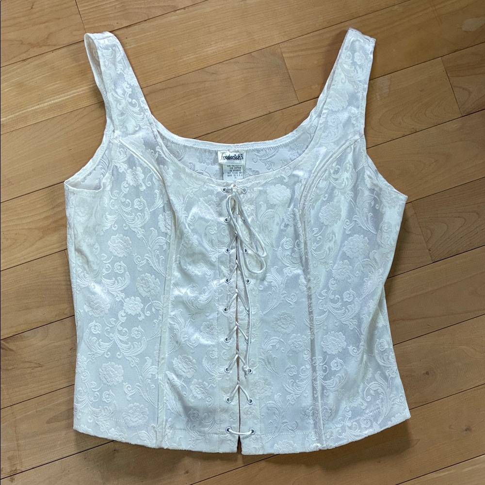 Frederick’s of Hollywood White Lace-Up Brocade Tank Top